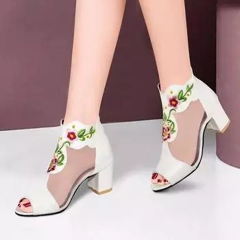 Сандалии женские большого размера с открытым носком, лето 2024 г., сетчатые босоножки на высоком толстом каблуке, кружевные босоножки сзади с застежкой-молнией 34 белый