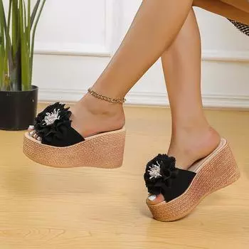 Сандалии женские дизайнерские босоножки на танкетке женские тапочки летние пляжные туфли на платформе с цветочным узором женские тапочки на высоком каблуке модные 42 чёрный