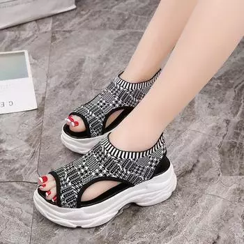 Сандалии женские для отдыха из дышащей трикотажной ткани, женские прогулочные туфли, летние черные сандалии на платформе, новинка 2019 года 4 чёрный