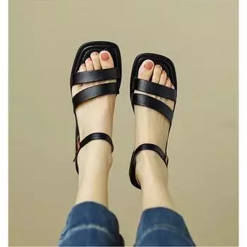 Сандалии женские из одного слова, лето 2025, новые, из мягкой кожи, с открытым носком, корейская версия, бежевые, на плоском каблуке, большого размера, римские туфли 35