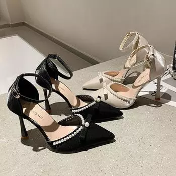 Сандалии женские летние 2025 новые модные дышащие высокие каблуки толстые каблуки модные удобные квадратные носы классные тапочки женская обувь 34 чёрный