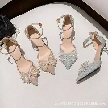 Сандалии женские летние 2025 новые туфли с сумкой на голове с бантом на высоком каблуке фея остроносые туфли в стиле принцессы туфли 34