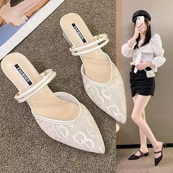 Сандалии женские летние большие римские сандалии с квадратным корнем и заостренными сетчатыми ремешками 35 бежевый