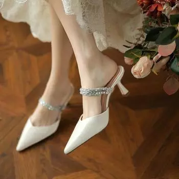 Сандалии женские летние две пары на шпильках с острыми каблуками со стразами для верхней одежды 35 бежевый