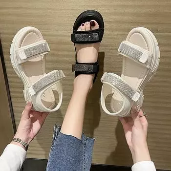 Сандалии, женские летние кроссовки, новинка 2024 года, модная повседневная пляжная обувь на платформе с липучками для маффинов 35 чёрный