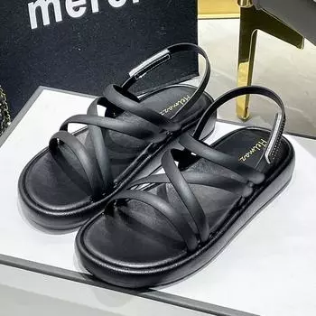 Сандалии женские летние на плоской подошве с мягкой подошвой Temperament Roman Shoes Beach Shoes 36 чёрный