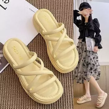 Сандалии женские летние нежные сандалии тапочки женские повседневные одно слово нарядная одежда крест на толстой подошве женские модные женские дышащие туфли 35