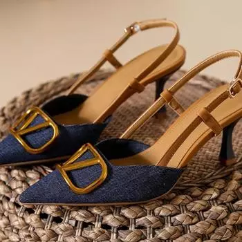 Сандалии женские летние новые стильные 7 см тонкий каблук модные сексуальные V-образные пуговицы заостренные неутомительные туфли джинсовые высокие каблуки 35 темно-синий