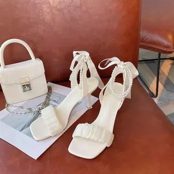 Сандалии женские летние новые тонкие каблуки с бантом из жемчуга французские квадратные высокие каблуки 35