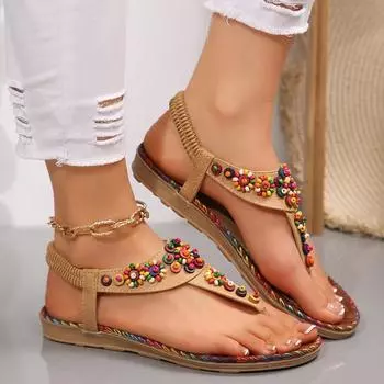 Сандалии женские летние новые женские туфли летние бохо сандалии на плоской подошве женские бисерные пляжные туфли женские 36 чёрный