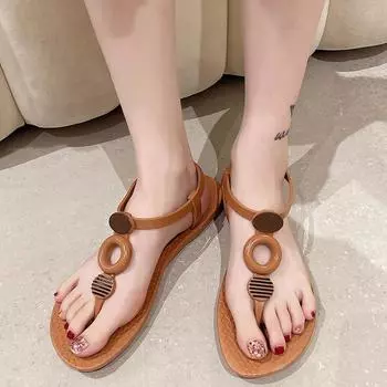 Сандалии женские летние O-образные сандалии Decro Beach Sandals Button Decor Sandals Vacation Flat Outdoor Beach Sandales Slides Woman Shoes 2024 .36-37 абрикосовый