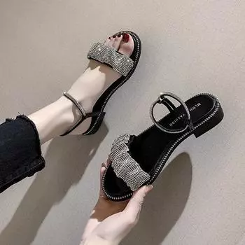 Сандалии женские летние со стразами, две пары, сказочные маленькие свежие слова с плоским дном, модные классные тапочки для прямой трансляции 36 чёрный