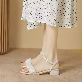 Сандалии, женские летние туфли на среднем каблуке, плиссированные босоножки на толстом каблуке, универсальные туфли с однотонным ремешком 34 зелёный