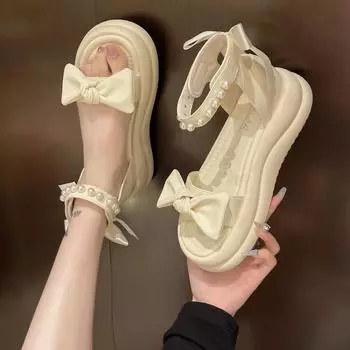 Сандалии женские летние туфли в римском стиле с открытым носком 2024 г. Женские пляжные туфли на плоской подошве с открытым носком Женская обувь на платформе дизайнерские сандалии 35 бежевый