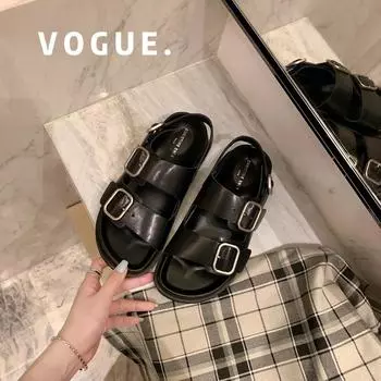 Сандалии женские летние верхние с одним ремешком круглой формы с двумя пряжками на ремешке, увеличивающие рост, толстые римские сандалии тапочки 35 чёрный