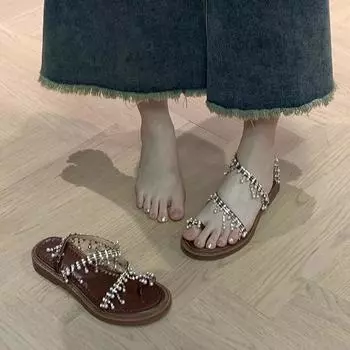 Сандалии женские, лето 2024 года, мягкая подошва, полые сзади, бохо, римские туфли, стразы, клипса, носок, повседневные, толстые, сандалии на низком каблуке, женские 35 бежевый