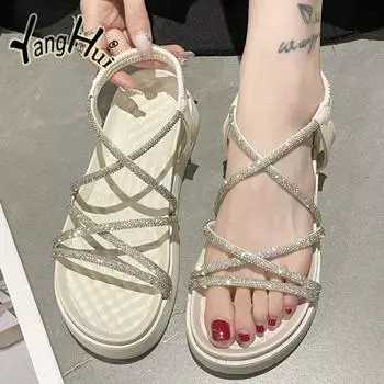 Сандалии женские лето 2024 новые толстые подошвы увеличивающие рост пляжные туфли фея фэн-шуй алмаз римские туфли простые модные 35 бежевый