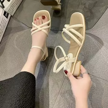 Сандалии женские лето 2025 года, новое модное слово со средним каблуком, толстый каблук, стиль феи с юбкой, римские женские туфли 34