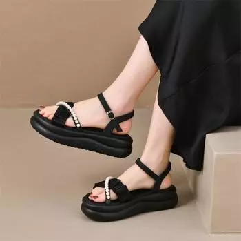 Сандалии женские лето 2025 новые маленькие ароматные ветровая платформа модные римские пляжные повседневные туфли жемчужный однословный пояс с юбкой 35 хаки
