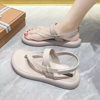 Сандалии женские модели летняя уличная одежда плоский каблук мягкий низ летний однотонный цвет 36 чёрный