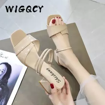 Сандалии, женские модные летние туфли на высоком каблуке с открытым носком, два способа ношения, шлепанцы, женская обувь без шнуровки на квадратном каблуке с лоскутной лентой 35 хаки