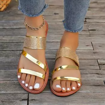 Сандалии женские на плоской подошве повседневные тапочки летняя обувь женские дизайнерские сандалии шлепанцы обувь в стиле бохо женские сандалии для активного отдыха большие размеры 36 золотой