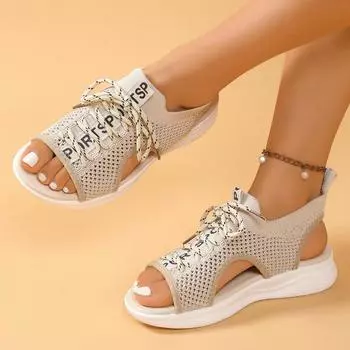 Сандалии женские на шнуровке с открытой платформой и танкеткой Летние сандалии с открытым носком на платформе и эластичной сеткой 36 бежевый