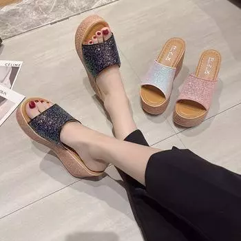 Сандалии женские на танкетке, тапочки на высоком каблуке, лето 2024, новый тренд, модные повседневные шлепанцы, толстая подошва, женские тапочки 34 чёрный