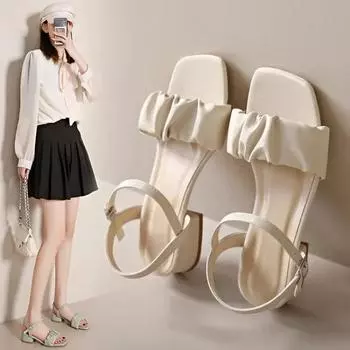 Сандалии женские на высоком каблуке, 2024 ремешки, открытый носок, оборки на низком каблуке, милая мода, носите женскую обувь летом 35 чёрный