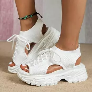 Сандалии женские нарядные летние плоские женские летние модные на шнуровке сетчатые открытые женские сандалии с открытым носком на платформе и высоком каблуке 37