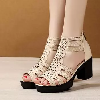 Сандалии женские, нескользящие на блочном каблуке, женская обувь в римском стиле на среднем и высоком каблуке, женские сандалии на высоком каблуке для мам 35 чёрный