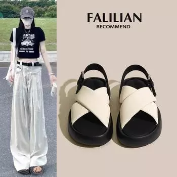 Сандалии женские новые летние летние модели популярные универсальные с толстой подошвой черные римские спортивные женские туфли 35