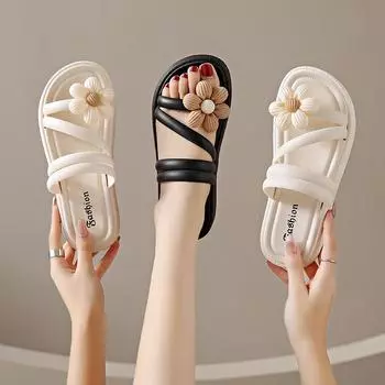 Сандалии женские новые летние универсальные женские на плоской подошве нескользящие верхняя одежда студенческие модные классные тапочки 36/37 чёрный