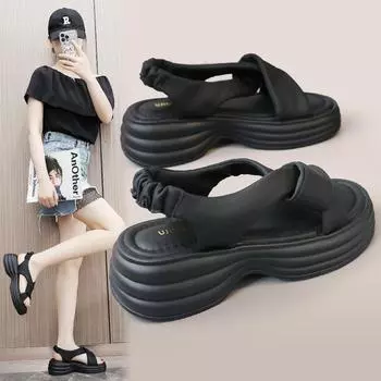 Сандалии женские однотонные, летняя дышащая обувь с круглым носком и плоской подошвой, удобная повседневная повседневная обувь с толстой подошвой, 2024 г. 35