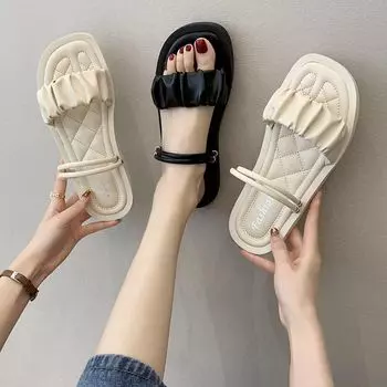 Сандалии женские One Word Footwear на низком каблуке Лето 2024 Тапочки женская обувь Пляжная черная корейская мода Нескользящая Горячая VIP 35