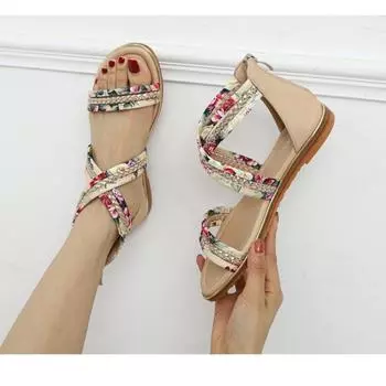 Сандалии женские плоские феи стиль открытый носок цветок ткань один ремешок нескользящие римские туфли 36 чёрный