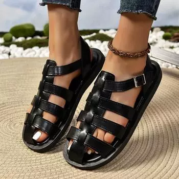 Сандалии женские популярные новые летние плетеные туфли-бублики на плоской подошве повседневные простые полые туфли на плоской подошве фея римские туфли женские 36 чёрный