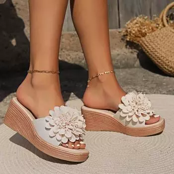 Сандалии женские повседневные босоножки на танкетке женские тапочки летние пляжные туфли на платформе женские тапочки с цветочным принтом на высоком каблуке модные шлепанцы 36 чёрный