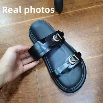 Сандалии, женские повседневные тапочки на плоской подошве, летняя обувь, новинка 2024 года, модные модельные шлепанцы, пляжная обувь в богемном стиле, женские домашние шлепанцы 35 чёрный