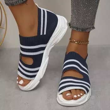 Сандалии женские, размер плюс 43, толстая подошва, повседневная пляжная обувь, дышащие трикотажные сандалии на плоской подошве для женщин, летние полосатые сандалии на платформе 36 жёлтый