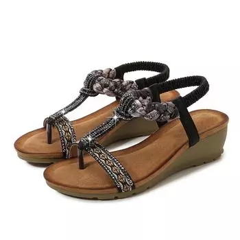 Сандалии женские ретро этнические богемные сандалии на танкетке со стразами повседневная удобная женская обувь 36 чёрный
