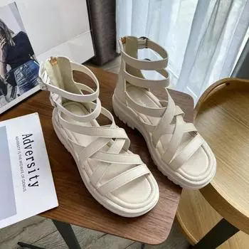 Сандалии женские римские на плоской платформе с перекрестными ремешками на танкетке, летние готические панк-туфли для женщин, повседневные удобные уличные римские сандалии 35 бежевый