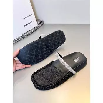 Сандалии женские римские с квадратной головкой и сетчатым плетением из французской ткани 2025 года, удобные полые пляжные полутапочки с плоской подошвой 35 чёрный