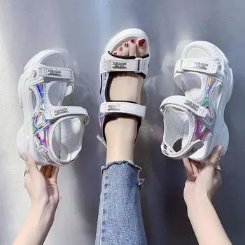 Сандалии женские с блестками 2024 года, новые повседневные спортивные сандалии на платформе, студенческие сандалии на подошве-бублике 35 белый