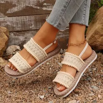 Сандалии женские с одним словом пряжка удобные повседневные туфли большого размера простые модные римские сандалии прилив 36 бежевый