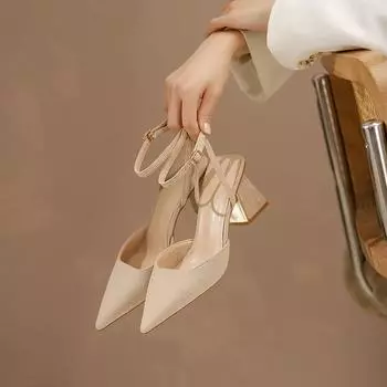 Сандалии женские с острым носком массивная обувь закрытые толстые каблуки лето 2024 блочные высокие каблуки туфли на каблуке женская обувь Корея F 35