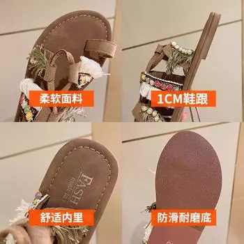 Сандалии женские с ремешками 2024 года, новые этнические туфли с бахромой, модные туфли на плоской подошве в стиле ретро для отдыха в римском стиле 35 темно-коричневого