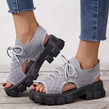 Сандалии женские с толстой подошвой из хлопчатобумажной ткани 2024 года, новые спортивные сандалии со шнуровкой и дышащей сеткой из хлопчатобумажной ткани, повседневная женская обувь 35 чёрный