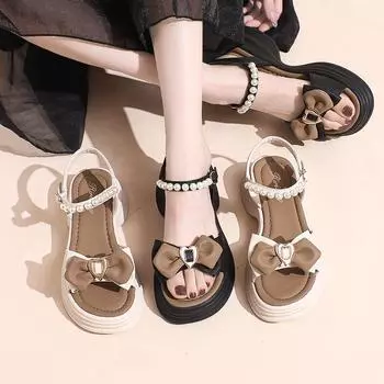 Сандалии женские с толстой подошвой летние повседневные банты фея с юбкой A Word с пляжной женской обувью модные женские летние туфли дышащие для жаркой погоды 35