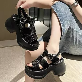 Сандалии женские с толстой подошвой, лето 2024 г., новые ажурные плетеные римские пляжные туфли, женские сандалии на высоком толстом каблуке с пряжкой 35